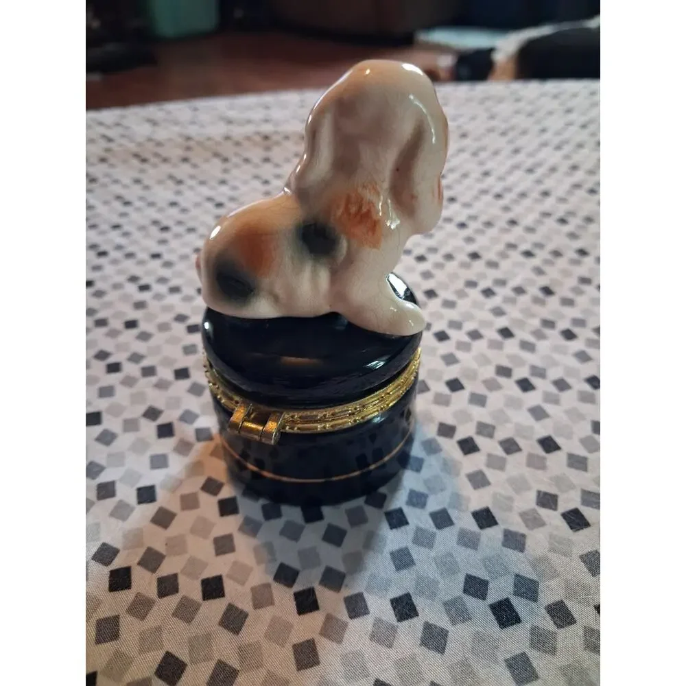Cocker Spaniel Porcelain Small Trinket Box Hinged Crackle Glaze Dog Puppy Black